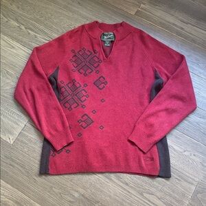 Woolrich | Deep Ruby 100% Cotton Nordic Snowflake V-Neck Sweater Size Medium